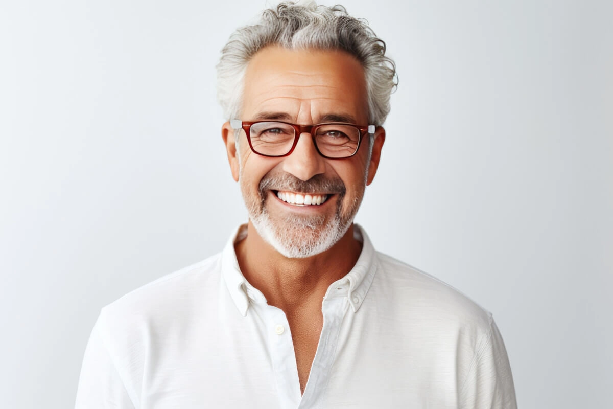 Lächelnder älterer Mann mit Brille und grauem Haar in weißem Hemd vor hellem Hintergrund.